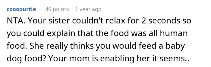 Comment discussing misunderstanding about food for a niece, clarifying it was not dog food.