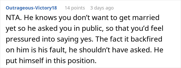 Reddit comment discussing a public proposal, mentioning relationship dynamics and pressure.