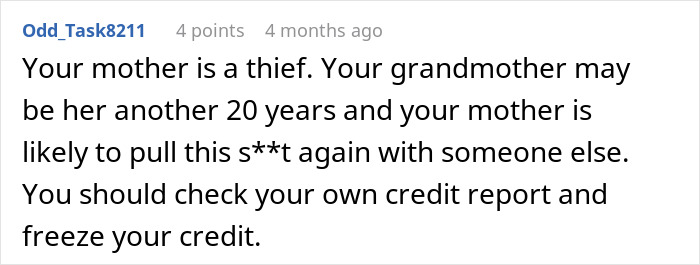 Comment discussing fraud suspicion involving a grandmother and her daughter's debt.