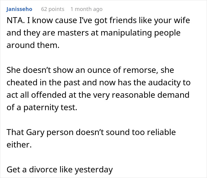 Reddit comment discussing cheating wife refusing paternity test after husband gave her a second chance.