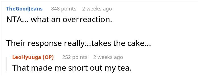 Reddit comments reacting humorously, mentioning "cake" and laughter, related to a friend's birthday party.