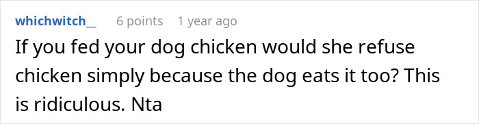 Reddit comment discussing feeding a dog chicken, questioning if one would refuse it. NTA remark included.