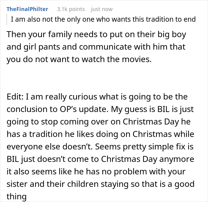 Reddit comment discussing family communication about watching brother Rocky movies during Christmas.