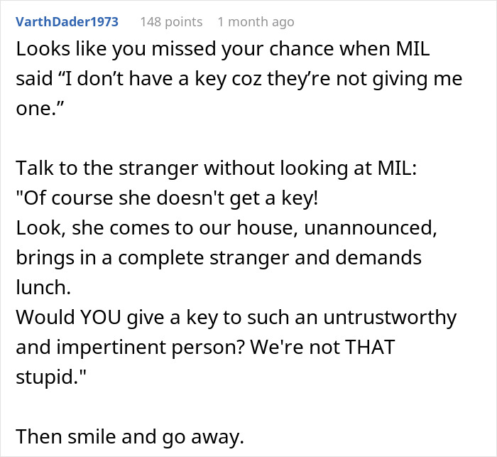 Text conversation about MIL arriving unannounced with a stranger, discussing keys and trust.