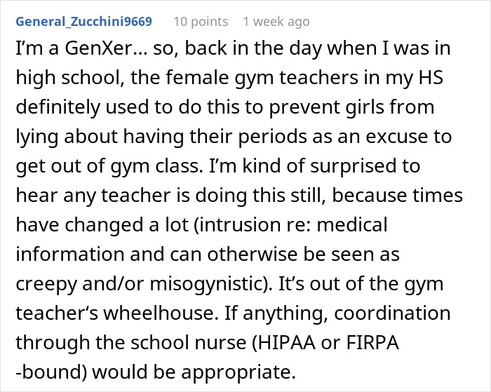 \"Text discussing teacher practices related to student periods and gym class from a GenX perspective.\