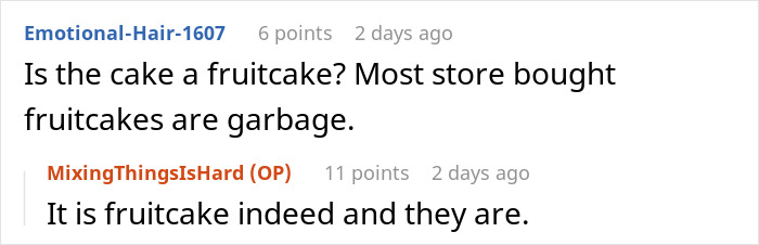 Reddit thread discussing whether a cake is a fruitcake, with comments on store-bought fruitcakes.