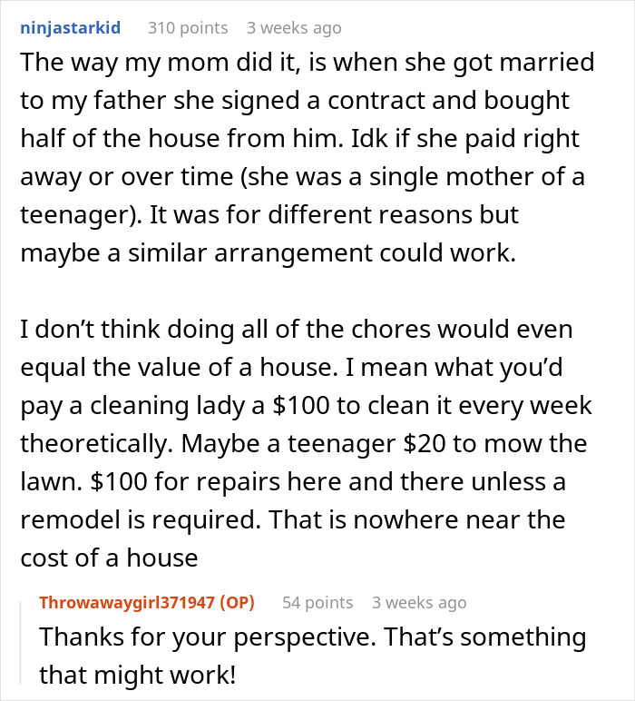 Reddit discussion about partner housework exchange, featuring comments on house contracts and chore values.