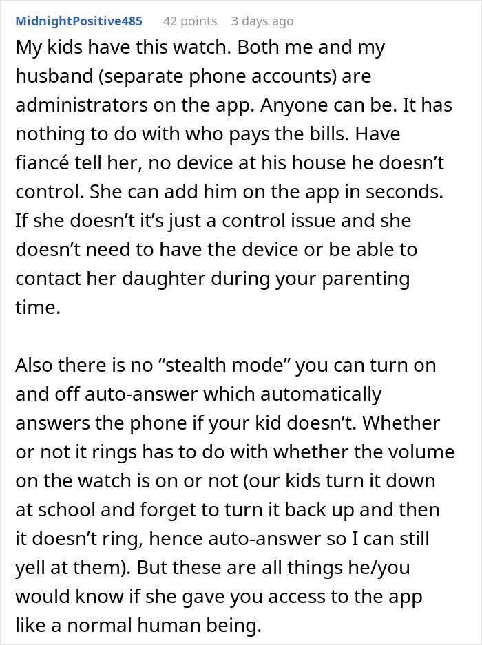 Comment discussing features of Gizmo Watch for co-parenting and app controls.