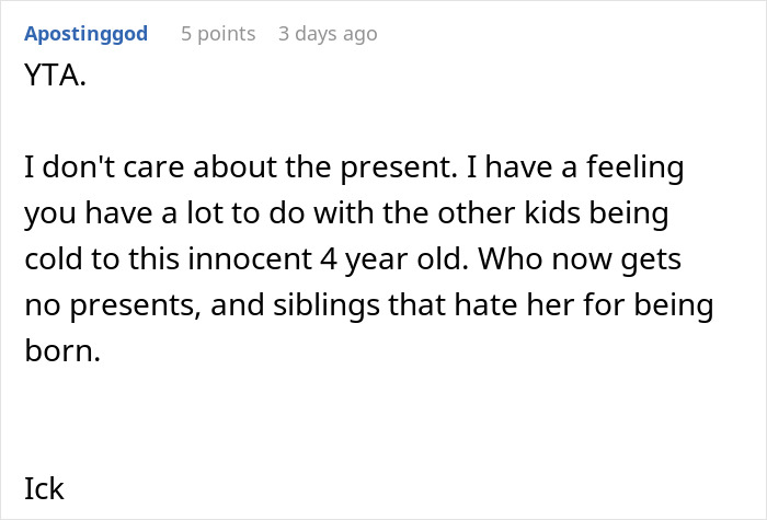 A comment criticizing someone for not giving a Christmas gift to an ex's affair child.