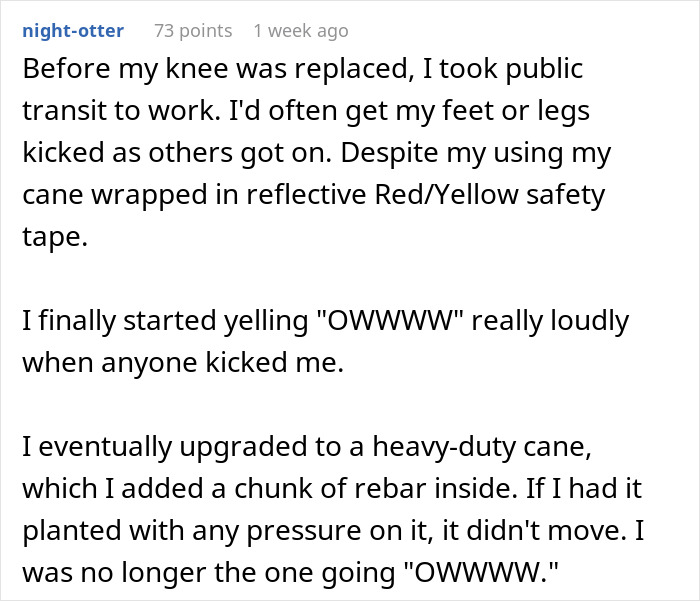 Text screenshot discussing knee replacement, public transit issues, and upgrading to a heavy-duty cane with rebar.