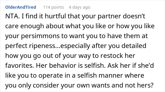 Reddit comment discussing a partner\'s behavior regarding sharing fruit.