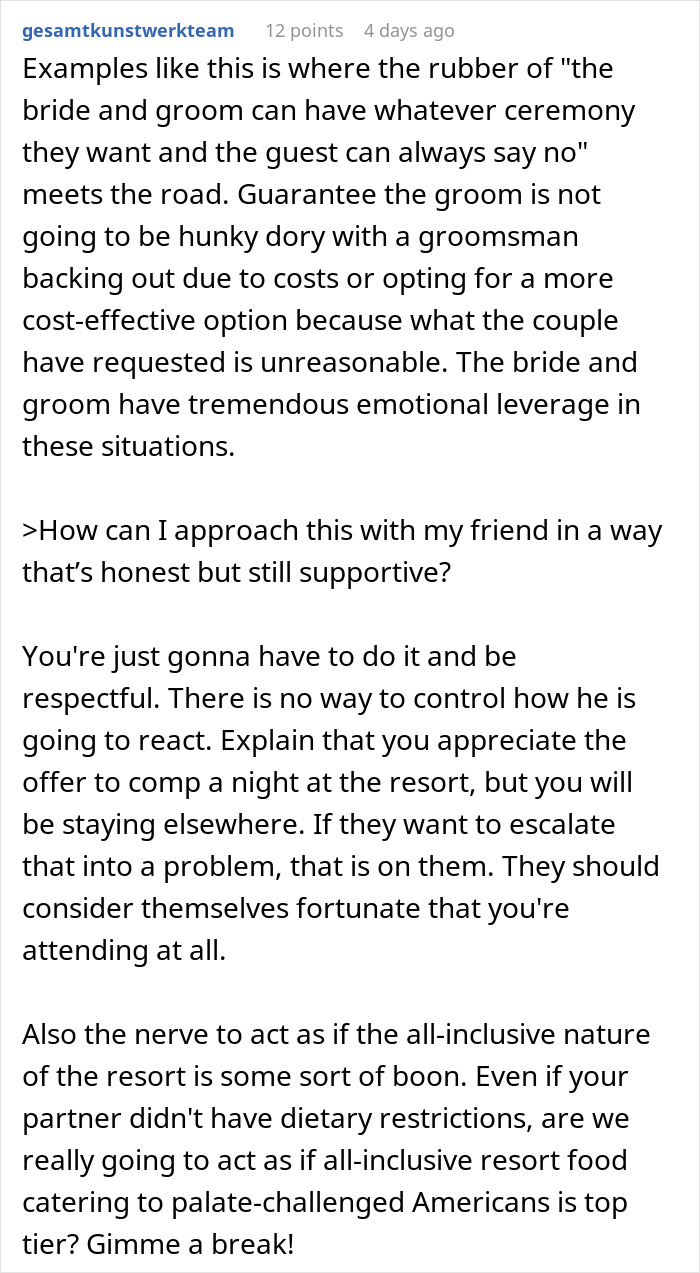 Text discussing groomsman struggles with affording a destination wedding and the pressure from the bride and groom.