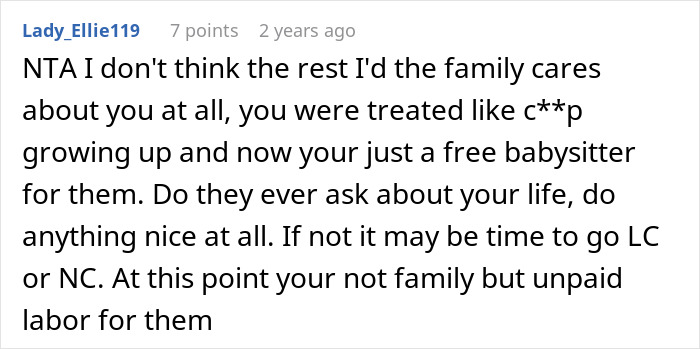 Comment discussing issues with family and babysitting responsibilities.