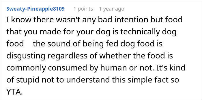 Reddit comment expressing disapproval of someone feeding human food to a dog, labeled as "dog food," calling them "YTA.