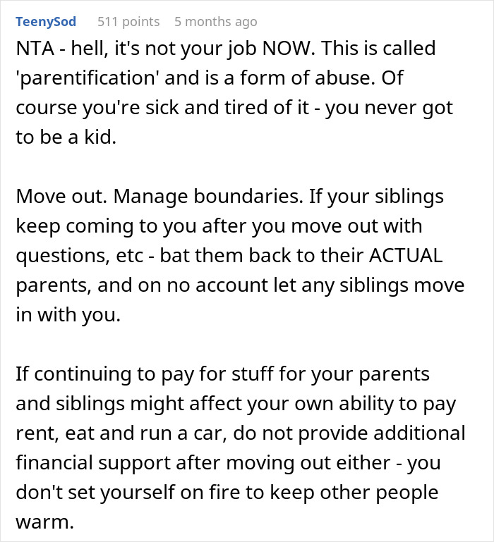 Reddit comment discussing parentification and advice for eldest child moving out.