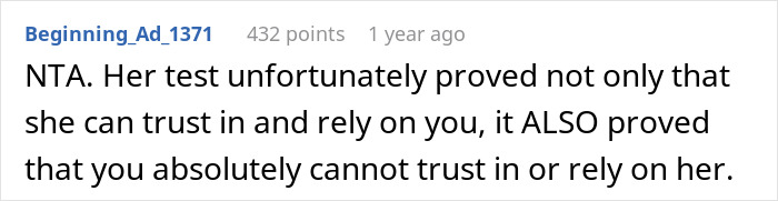 Reddit comment discussing trust issues related to lying test in a relationship.