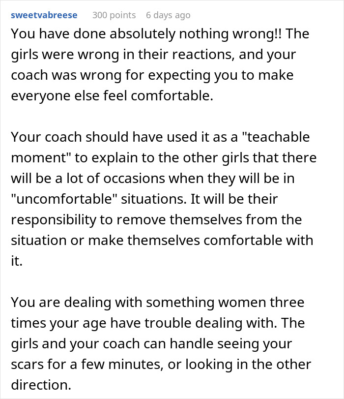 Screenshot of a supportive comment addressing a teen's discomfort with a coach's request to change in private.