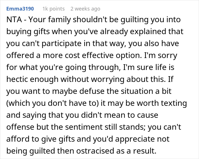 Reddit comment discussing cost-effective Christmas gifts instead of traditional ones for 40 relatives.