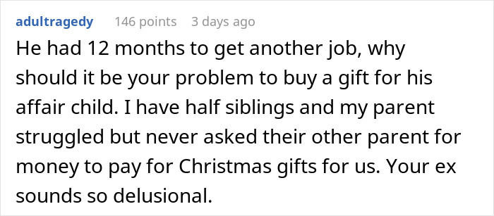 Reddit comment discussing responsibility for buying a gift for an ex's affair child.