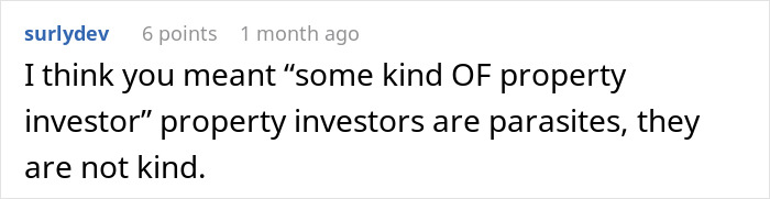 Comment discussing property investors with sarcastic tone related to petty revenge.