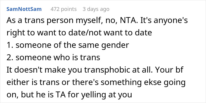 Text discussing dating preferences related to trans individuals and relationship disagreements.