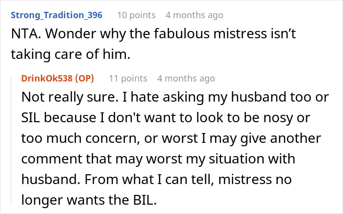 Reddit comments discussing why mistress isn't caring for sick man who left his family.