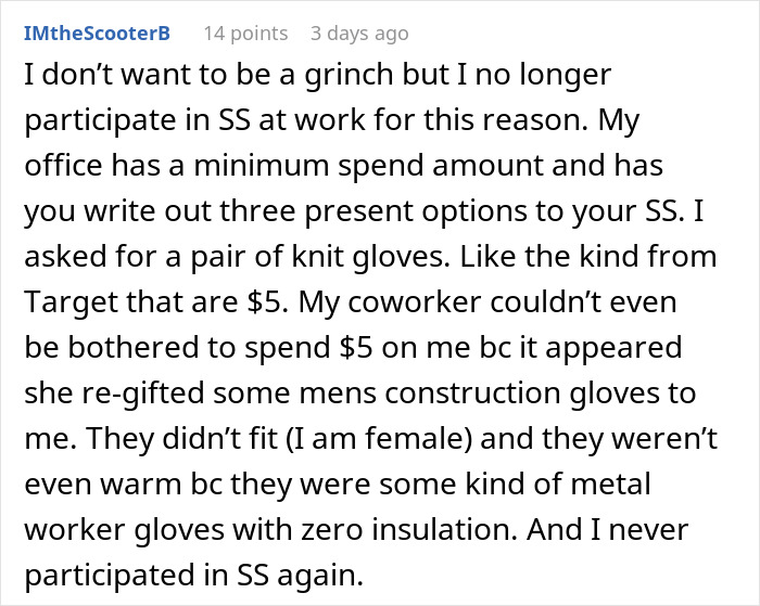 Text post detailing a Secret Santa gift incident where the recipient got construction gloves instead of knit gloves.