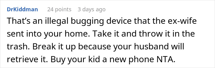 Comment discussing an ex-wife using a Gizmo Watch as a spying device, advising disposal.