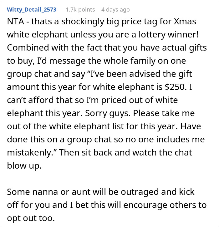 Text from a discussion on the high cost of a family Xmas white elephant gift.