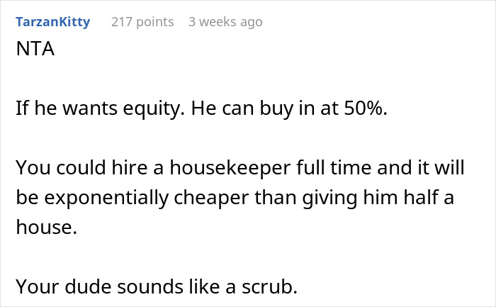 Reddit comment discussing partner housework exchange, suggesting hiring a housekeeper instead of giving equity.