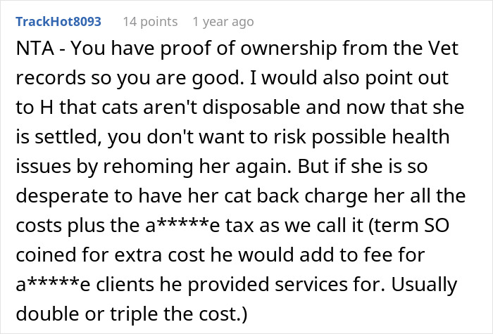 Reddit comment discussing ownership and costs related to rehoming a cat.