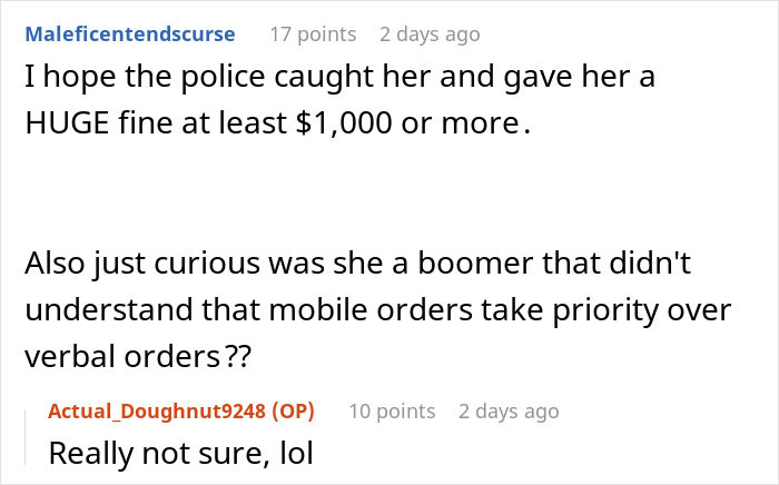 Reddit discussion about "Karen" behavior and police involvement, mentioning fines and mobile order priorities.