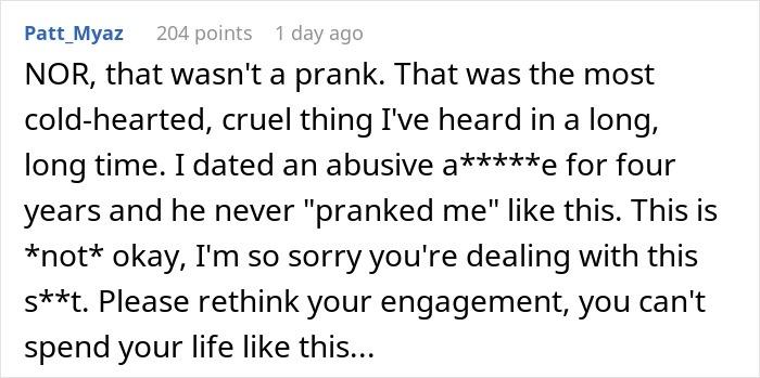 Comment criticizing a cruel fiance surprise house prank and advising to rethink engagement.