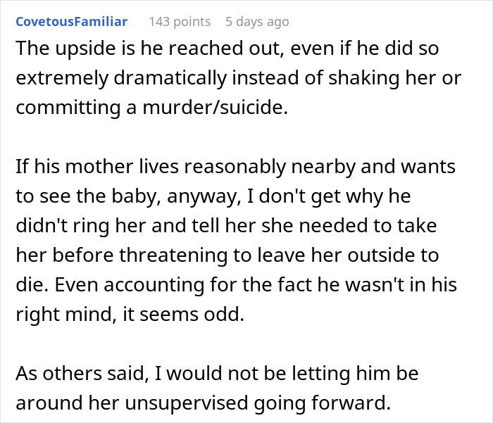 Reddit comment discussing a father's decision to leave baby at ex's door, questioning his actions.