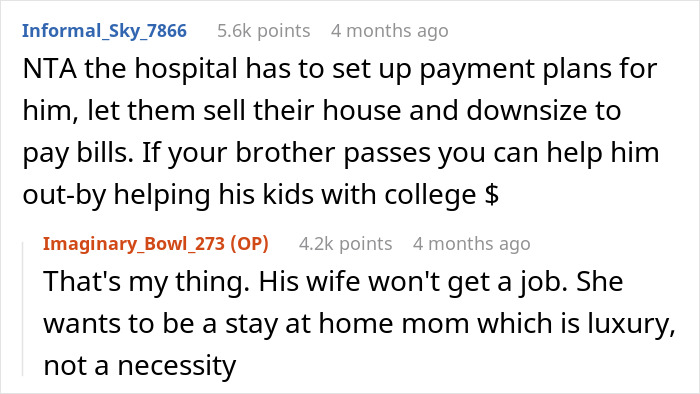 Reddit discussion on helping brother with finances and debt management.