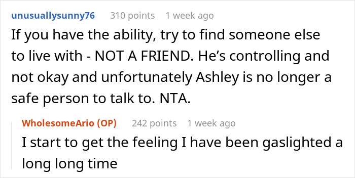 Reddit comments discussing a controlling boyfriend and feeling gaslighted in a roommate situation.