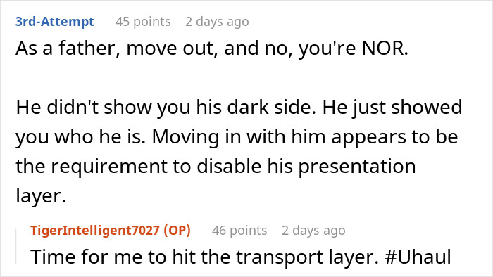 Reddit comment about boyfriend's dark side after moving in, advice to move out.