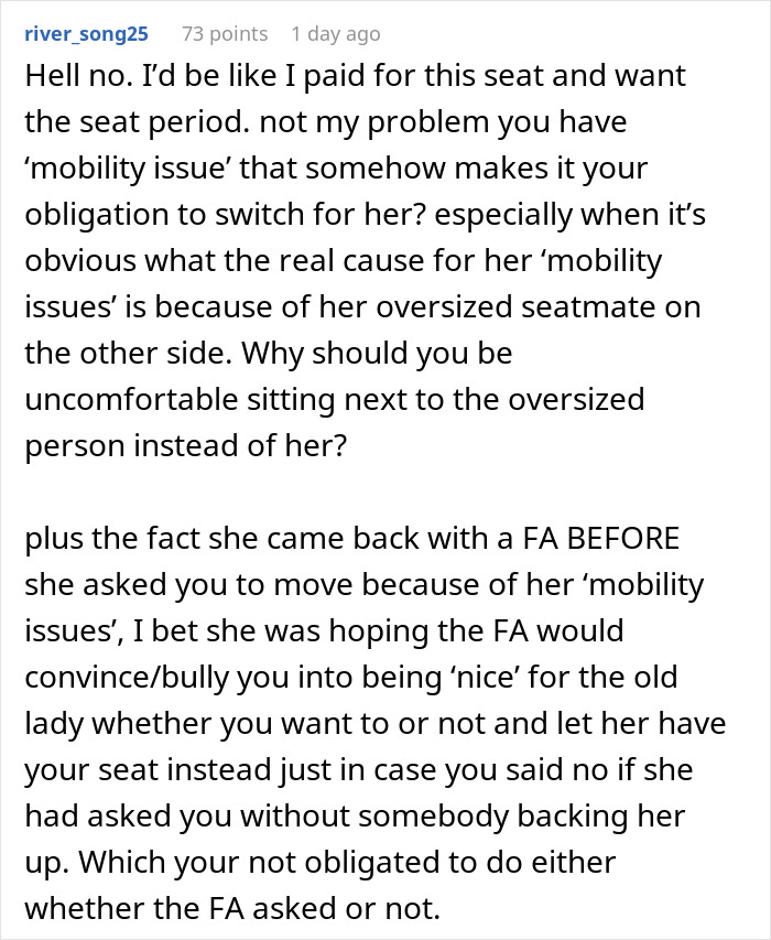 Text comment discussing refusal to switch seats with a 60-year-old lady due to suspected false mobility issues.