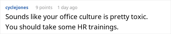 Reddit comment about toxic office culture and HR training advice.