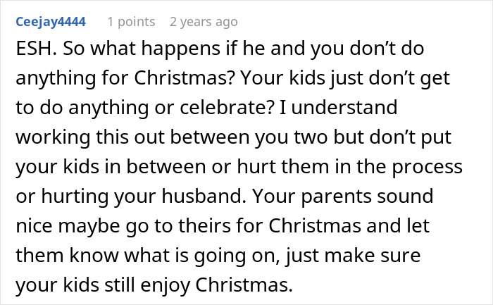 Text discussing family holiday plans and possible impacts on children during Christmas.