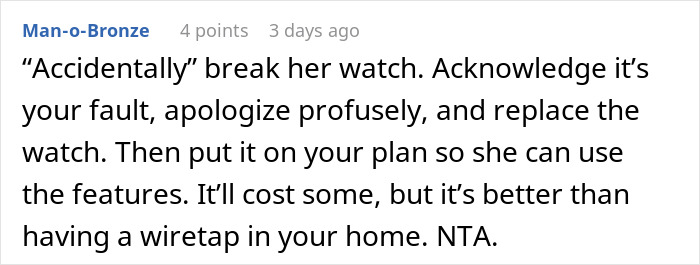 Text advice on dealing with spying through a Gizmo Watch and avoiding home wiretap.