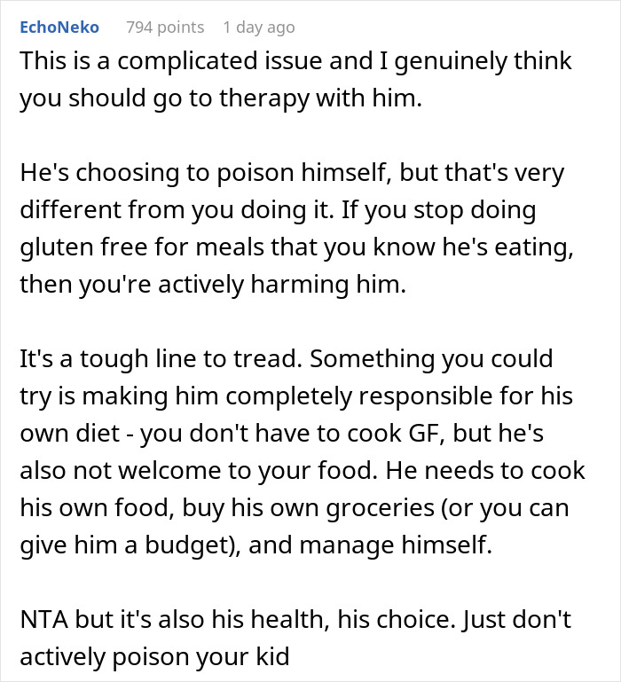 Reddit comment discussing a son's wheat allergy and dietary choices.