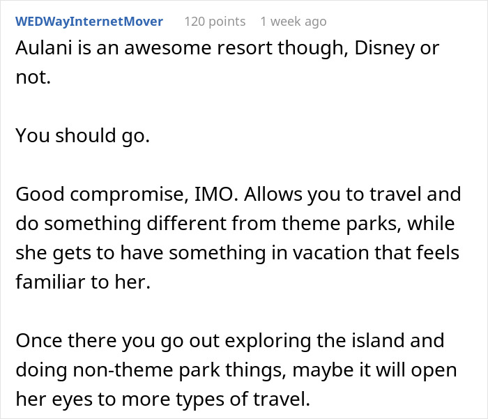 Reddit comment discussing a compromise between Hawaii and Disney trips for diverse travel experiences.