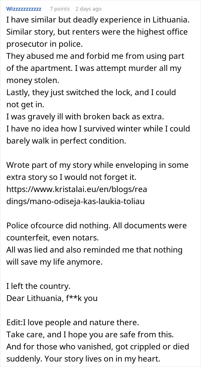 Reddit user shares story about landlord's abuse and legal struggles in Lithuania.