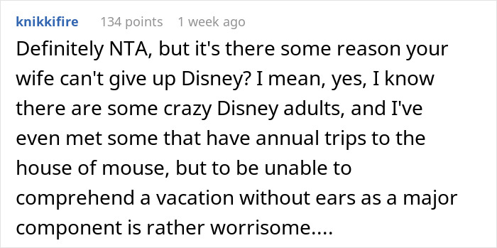 Text comment discussing a man's suggestion of Hawaii after 9 Disney trips, questioning wife's attachment to Disney vacations.