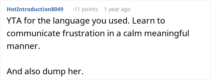 Reddit comment criticizing language use and advising calm communication, related to calling a girlfriend mean names.