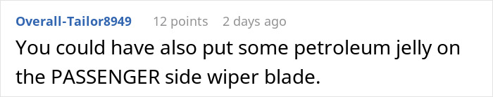 Comment with advice on handling illegal parking, suggesting petroleum jelly on a wiper blade.