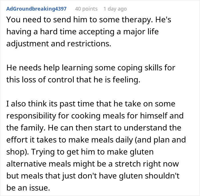 Text discussing coping skills and responsibilities for son with wheat allergy issues.