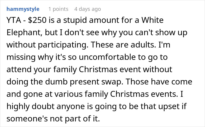 Comment discussing high price for White Elephant gift at Christmas party.