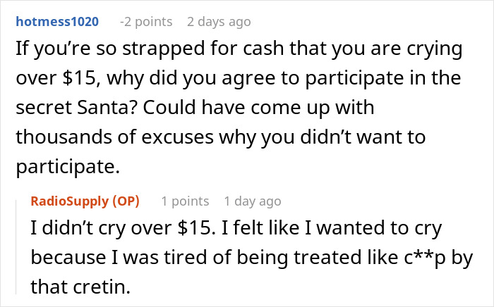 Online discussion about HR involvement in a Secret Santa gift swap incident.